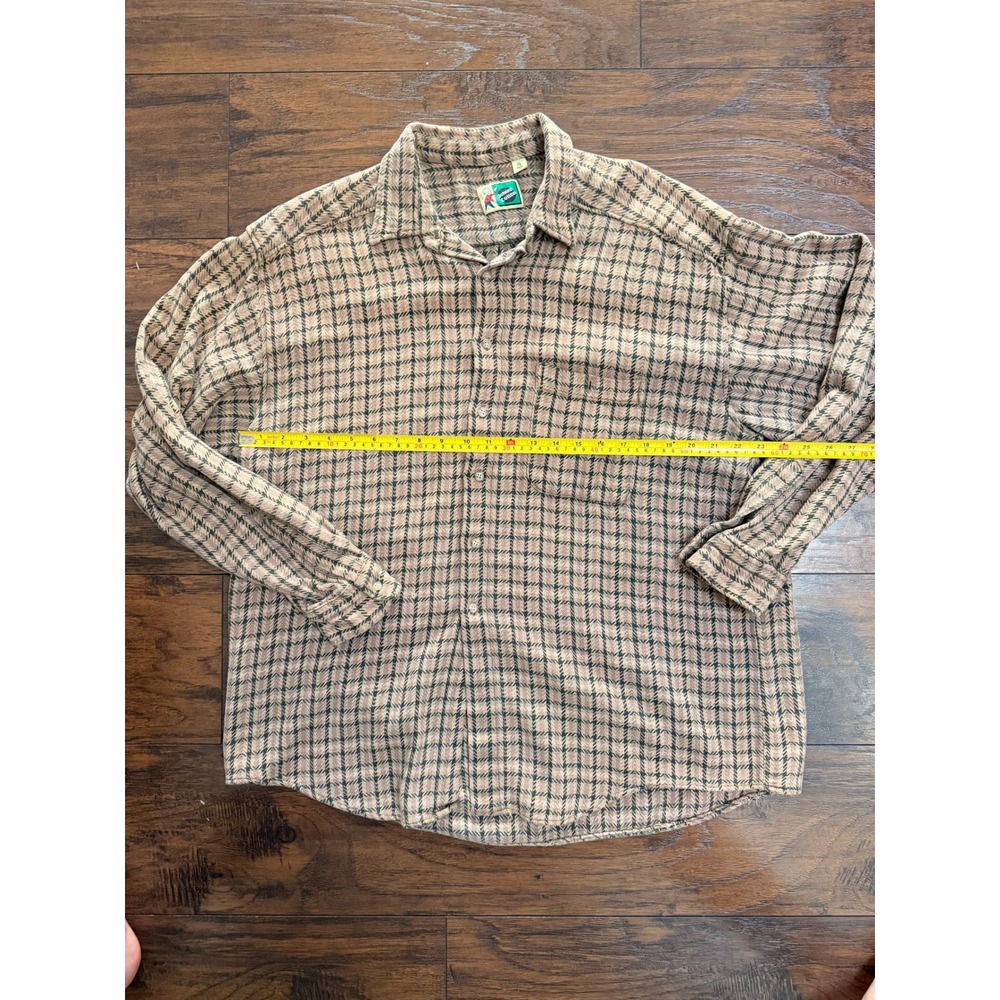 Johnny Cotton Mens XL Flannel Shirt‎ Plaid Houndstooth Tan Made in USA Vintage